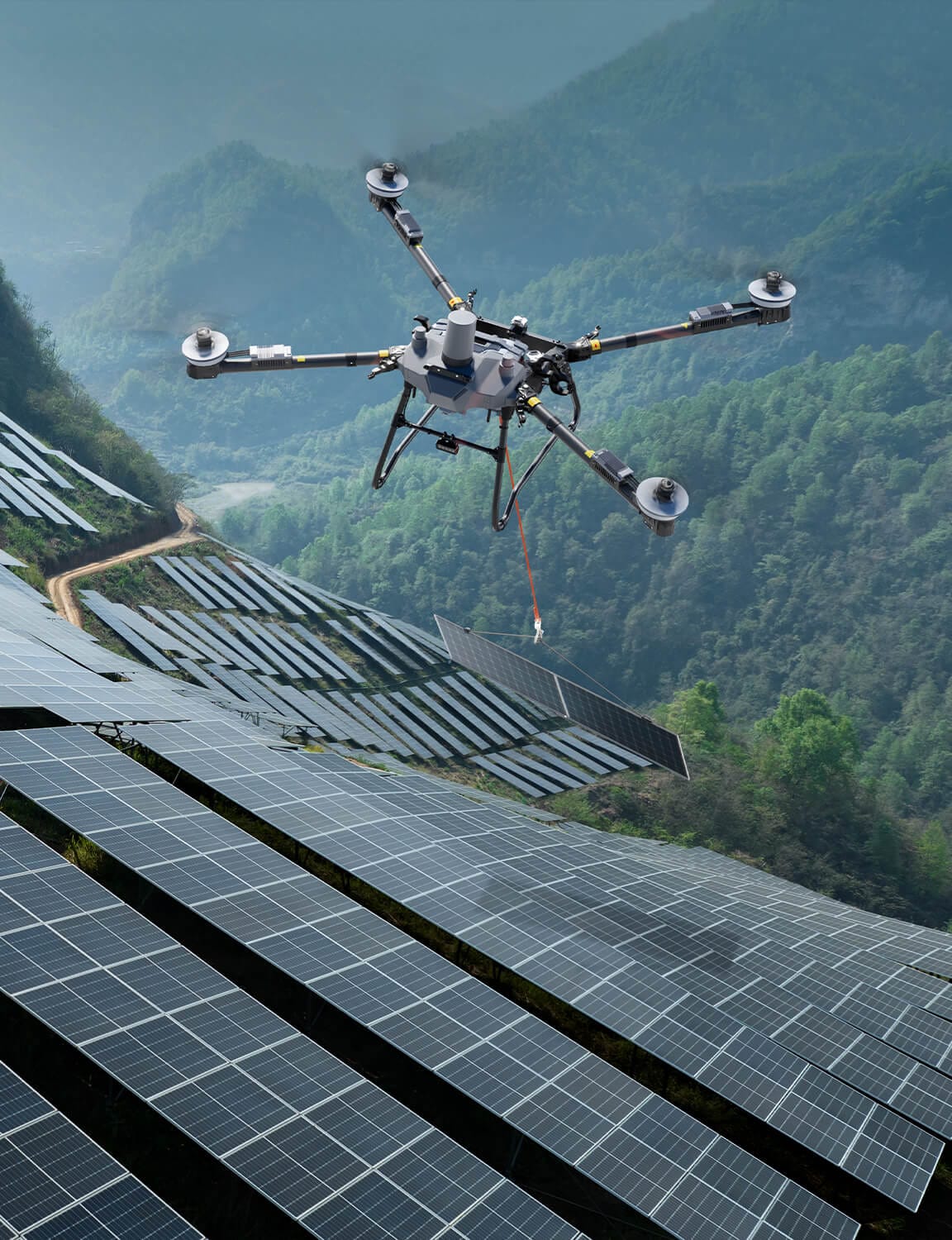 Transporte de paneles solares con dron